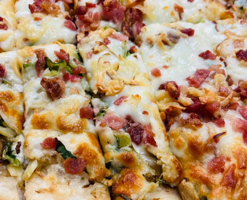 Frozen take-n-bake Brussels and Bacon Pizza - QC Pizza Mahtomedi MN.