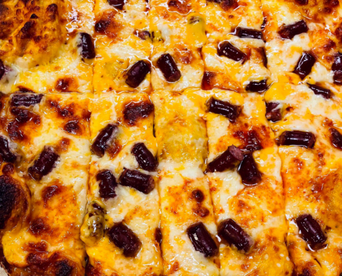 The Wisconsiner Pizza - beer cheese sauce - Old Wisconsin Beef Sticks - Mozzarella - QC Pizza Mahtomedi MN.