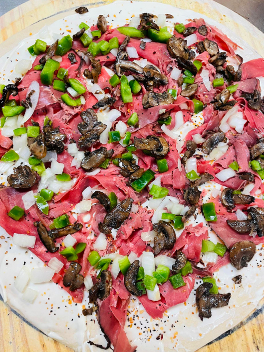 Before bake - Philly Feast Pizza - QC Pizza Mahtomedi MN. - Philly Cheese Steak re-imagined.