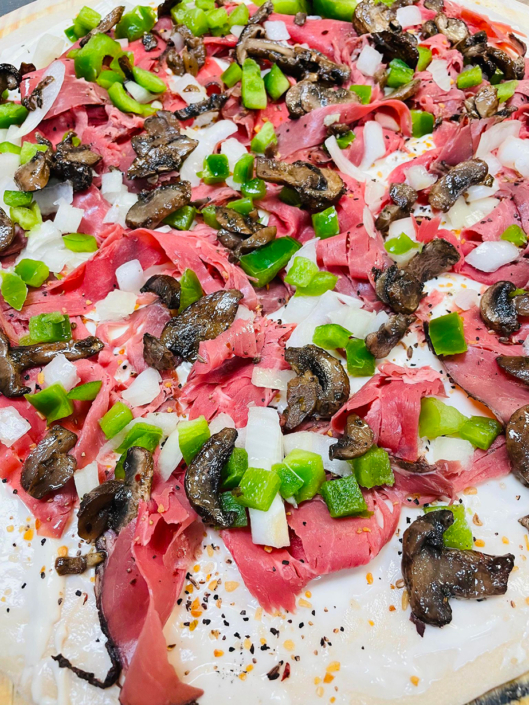 Before bake - Philly Feast Pizza - QC Pizza Mahtomedi MN. - Philly Cheese Steak re-imagined.