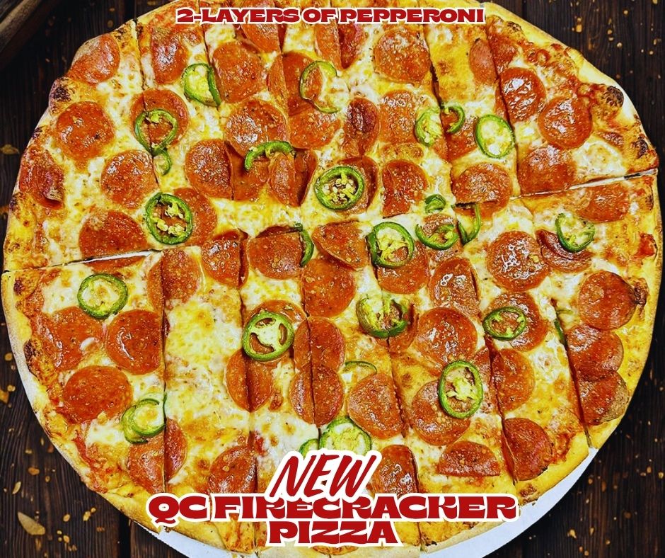 The QC Firecracker pizza: tangy house-made red sauce, custom mozzarella blend, and a double dose of heat: two heaping layers of mildly spicy jalapeño pepperoni and a layer of fresh-cut, mild jalapeños all baked on our signature crust.