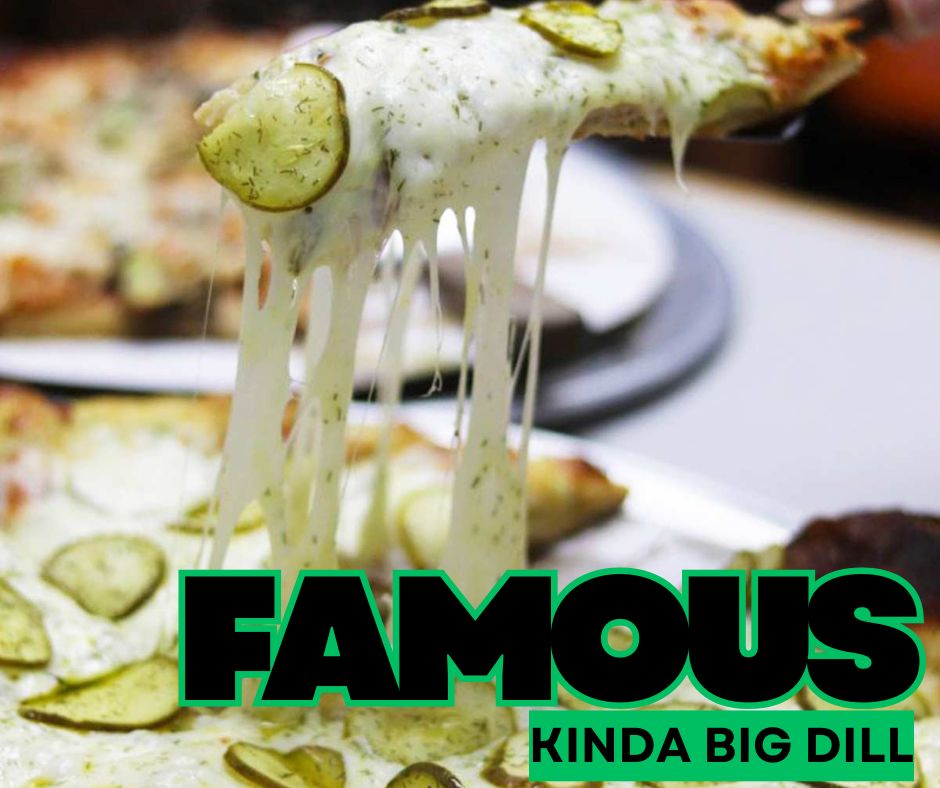 Our famous Kinda Big Dill Pizza. On our signature crust we add house garlic dill sauce, 48 hr smoked Canadian bacon, pickles, house blend mozzarella, another layer of pickles, dill sprinkle. Available on 12-inch , 16-inch house crust, 16-inch thin crust, or gluten-free cauliflower crust.