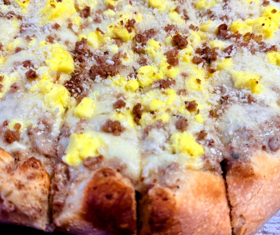 On our signature crust we offer the savory Biscuits and Gravy Pizza with eggs and for the biscuits used panko breadcrumbs. Available on 12-inch crust only. On our signature crust we offer the savory Biscuits and Gravy Pizza with eggs and for the biscuits used panko breadcrumbs. Available on 12-inch crust only.