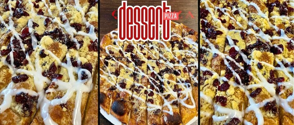 New QC Pizza Dessert Pizza. Topped with streusel, cinnamon, and a sweet frosting drizzle. New QC Pizza Dessert Pizza. Topped with streusel, cinnamon, and a sweet frosting drizzle.